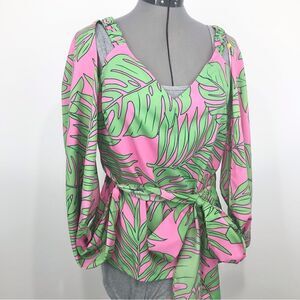 Lulumari NEW PInk Green Tropical Print Off Shoulder Wrap Tie Blouse